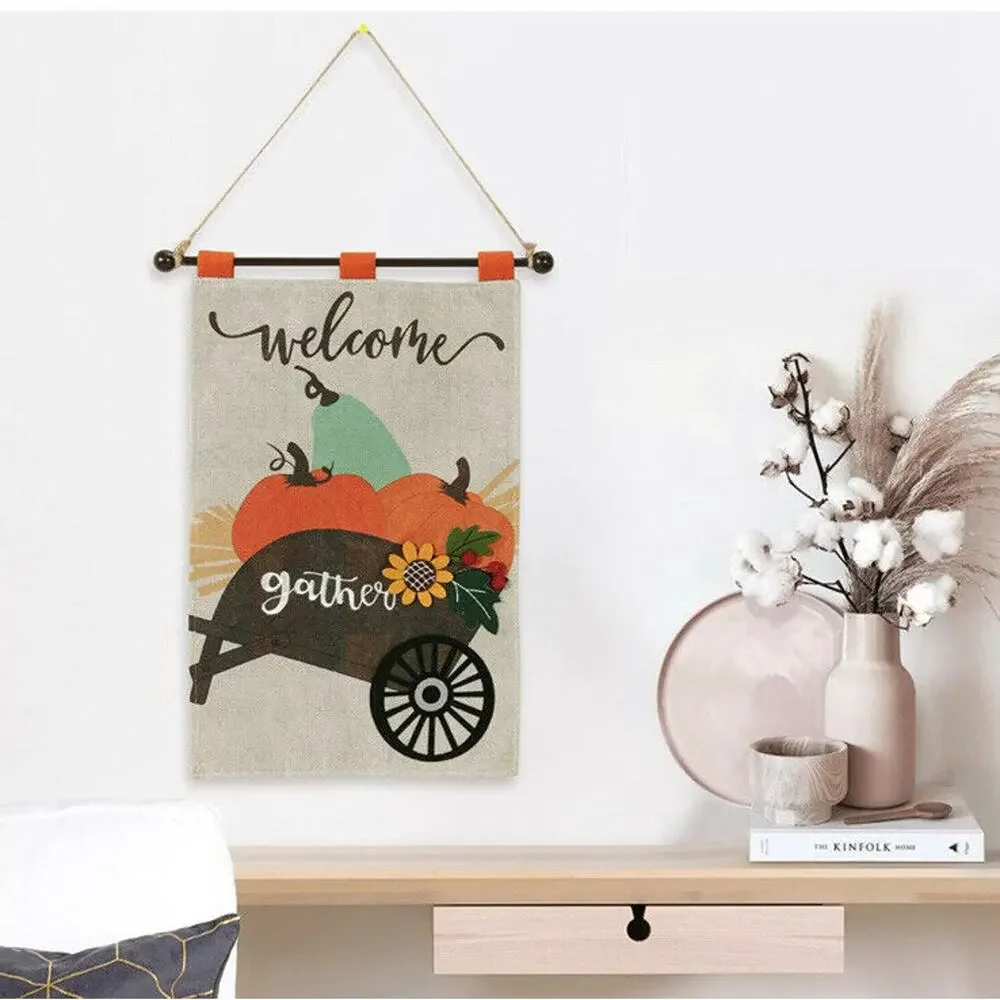 Thanksgiving Day Hanging Flag Banner Burlap Wall Art Decor Thanks Pumpkin